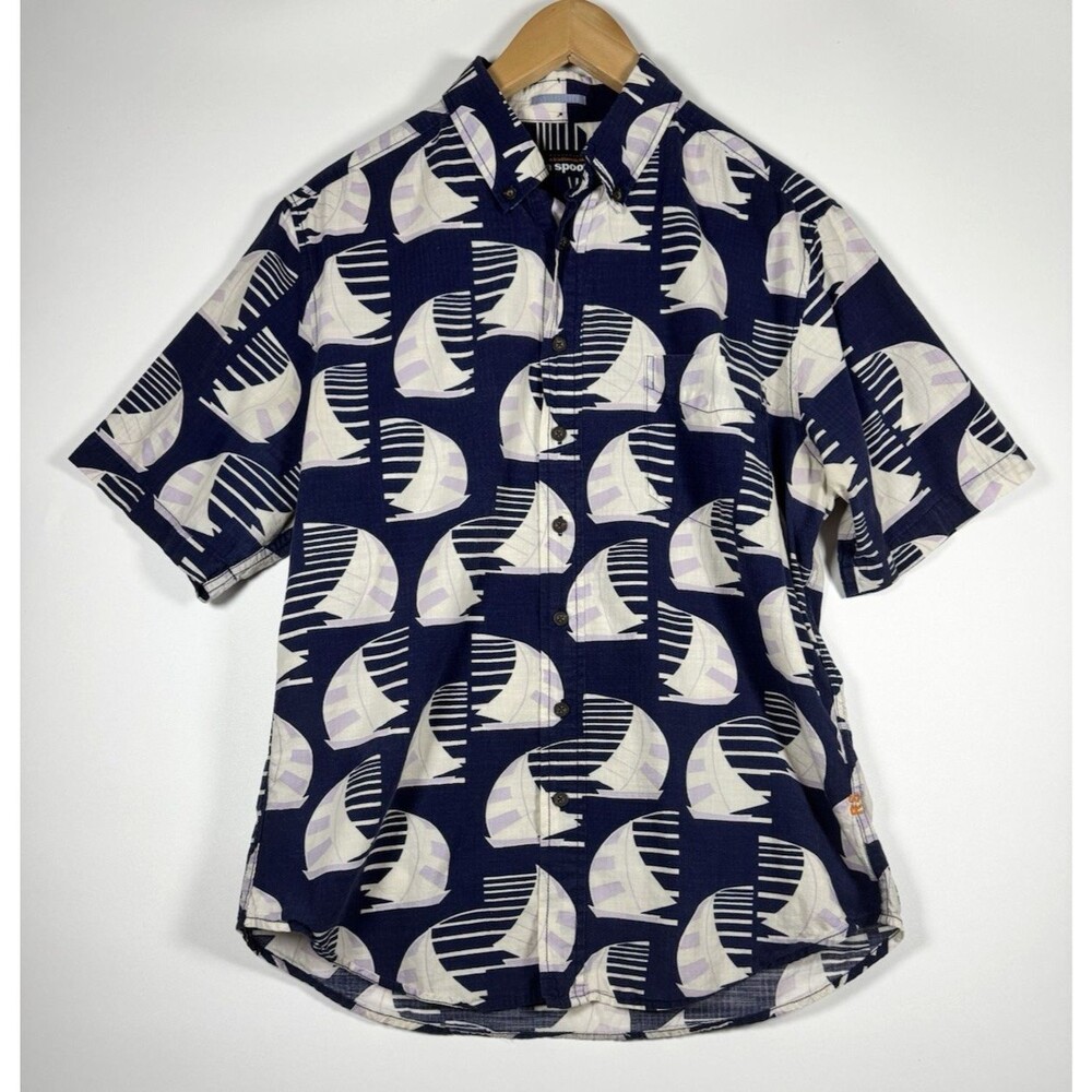 Reyn Spooner Shirt Mens Medium‎ Navy Sailboat Print Button Down Hawaiian Aloha